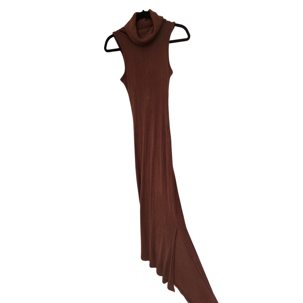 Final Touch Brown Ribbed Turtleneck Sleeveless Maxi Dress Side Slit S Made USA - Picture 4 of 5